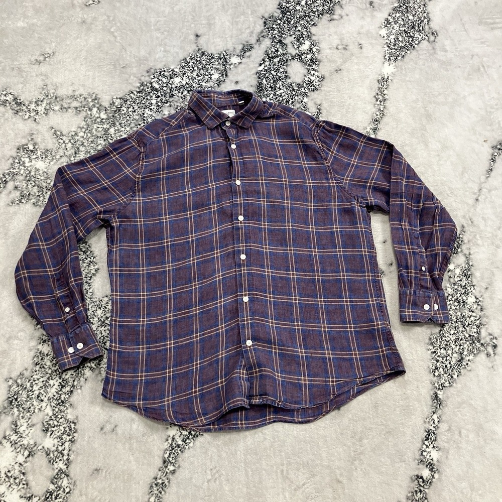 Baird McNutt Linen Murano Slim Fit Button Down Shirt‎ Large Blue Brown Plaid